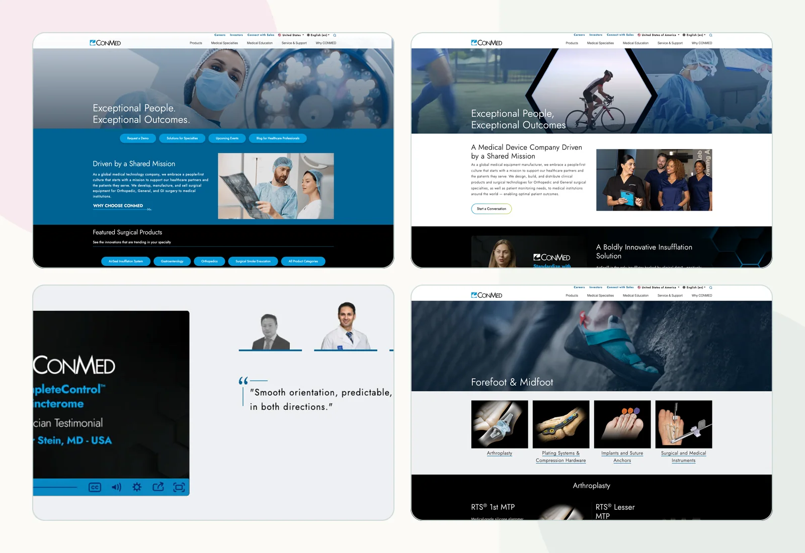 Collage of CONMED homepage, quote component, and specialty family page component screenshots.