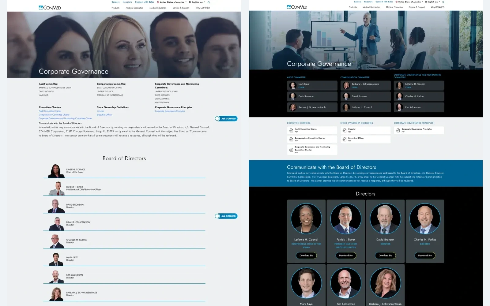 Side-by-side comparison of the CONMED Corporate Governance 2024 page and the Corporate Governance sustainability page.