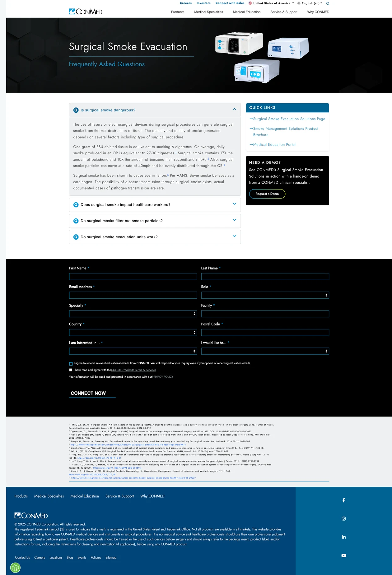 Redesigned CONMED surgical smoke FAQ page.