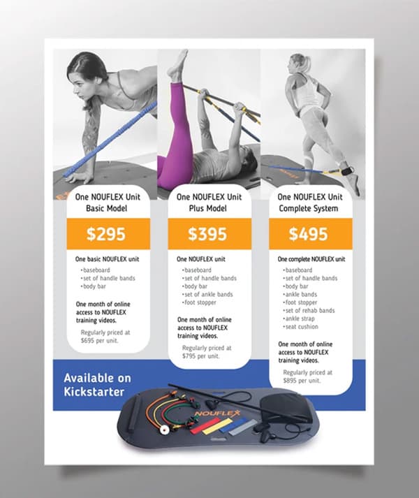 Nouflex promotional design showing three exercise systems and pricing.