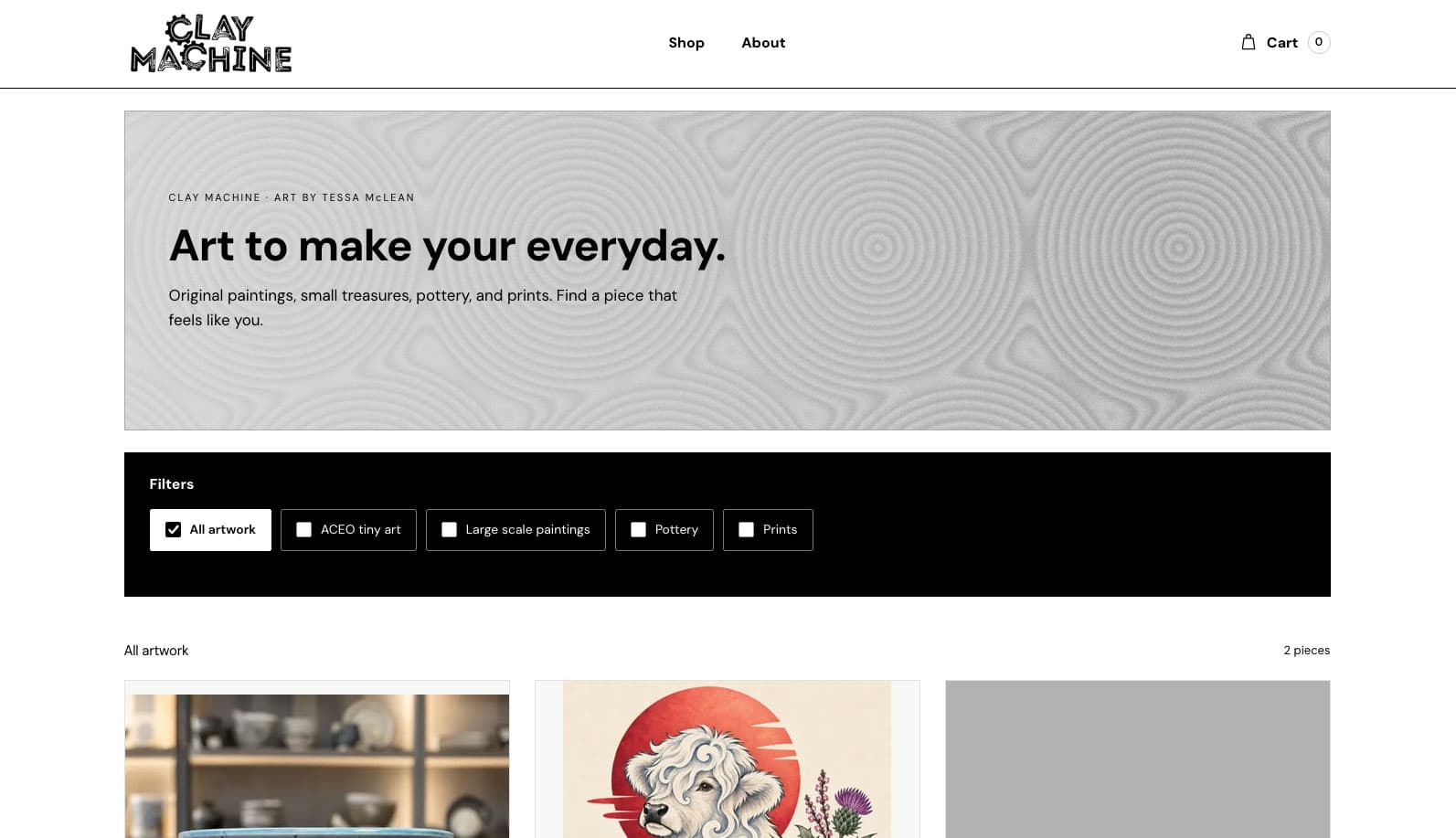Clay Machine art shop with accessible category filters and a gallery of original artwork.
