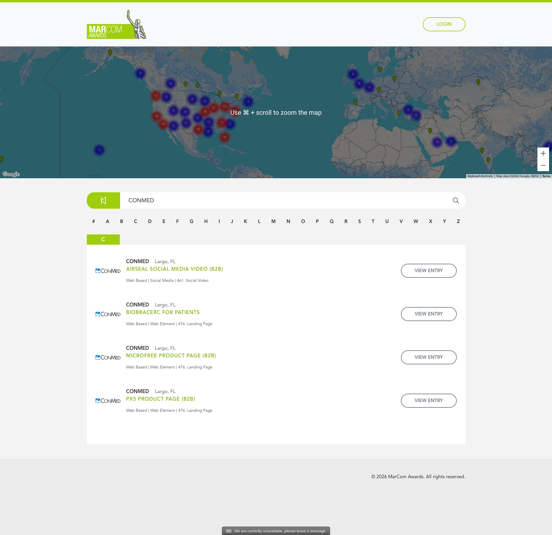 MarCom Awards winner list screenshot showing Gold CONMED entries.