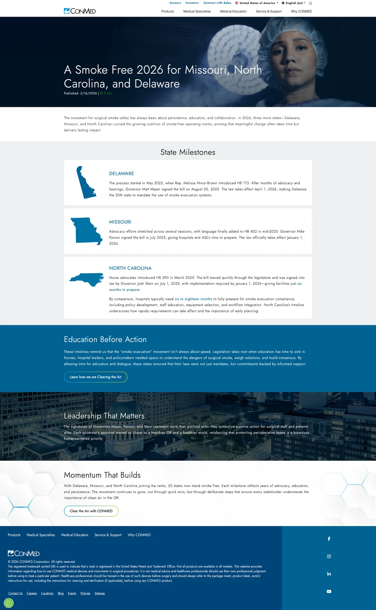CONMED smoke-free 2026 blog article screenshot.