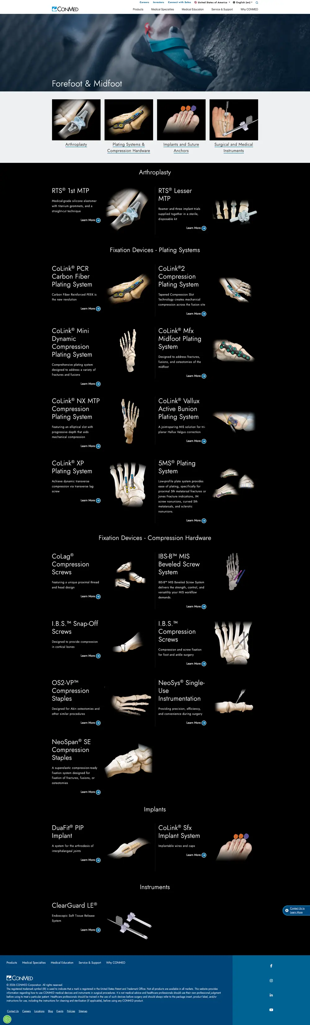Redesigned CONMED forefoot and midfoot family page.
