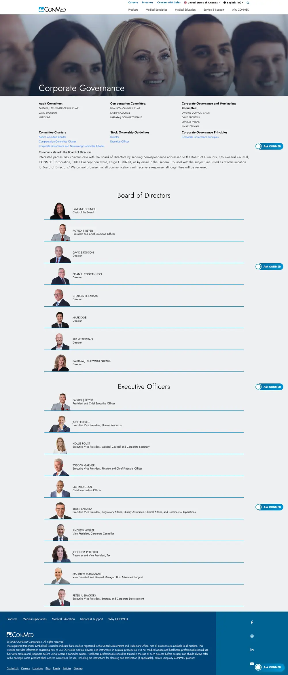 Older CONMED Corporate Governance page screenshot.