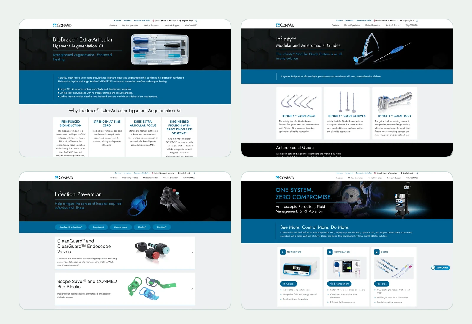 Grid of four CONMED product page screenshots.