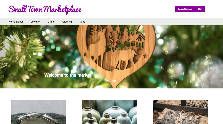 Small Town Marketplace responsive website design with product and landing pages.